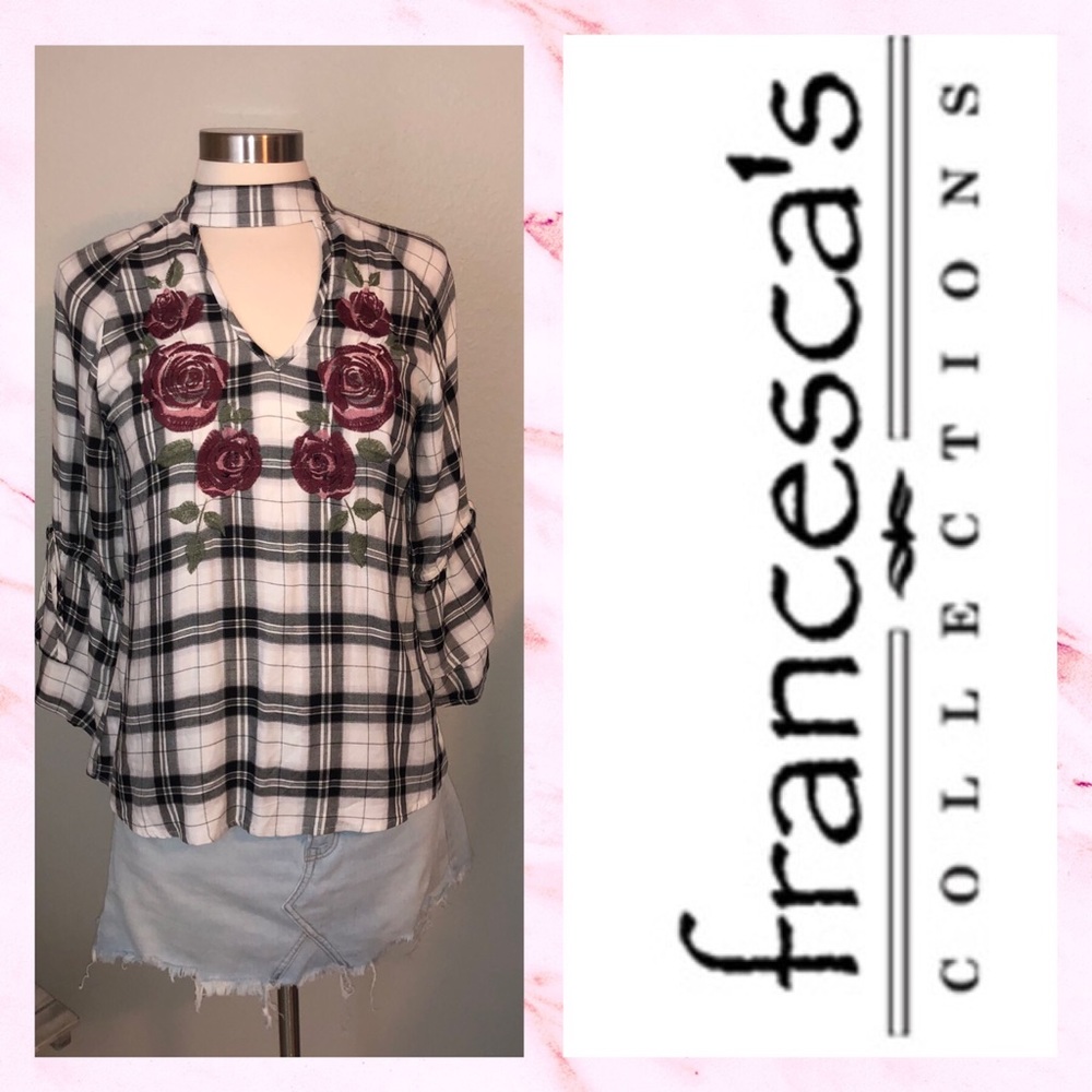 Francescas Blue Rain Plaid/Floral Bell Sleeve Top
